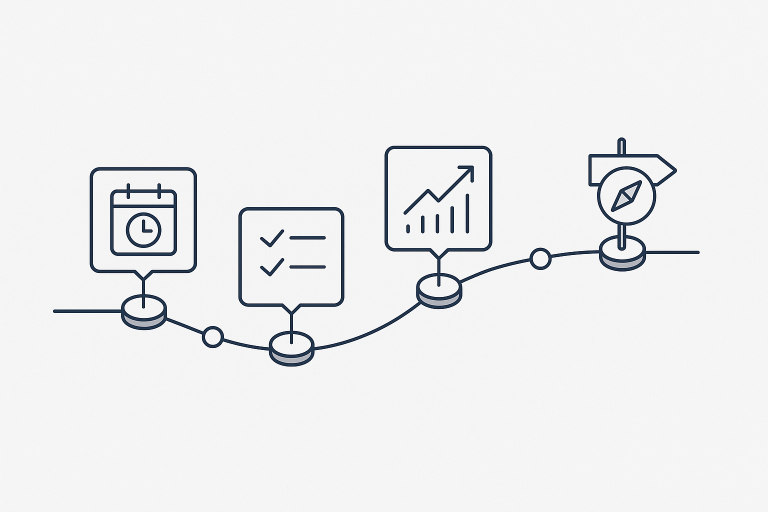 Abstract navy line-art illustration of a horizontal roadmap connecting calendar, checklist, trend, and compass milestones