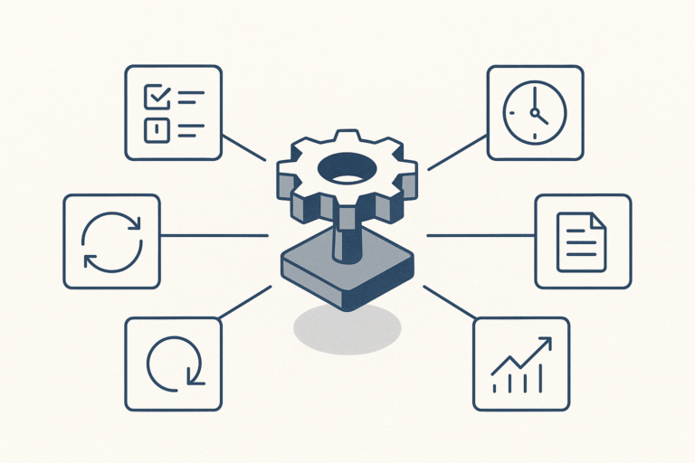 Abstract navy line-art illustration of a central isometric gear engine on a pedestal, connected to five process-automation icon tiles: checklist, timer, sync loop, restore/repeat, and an upward trend line