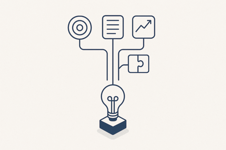 Abstract navy line-art illustration of a lightbulb node on a pedestal, branching upward to four strategic-outcome tiles: goal target, report document, puzzle piece, and an upward trend line
